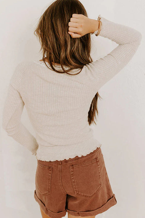 Lace Trim Button Henley Lettuce Edge Ribbed Top